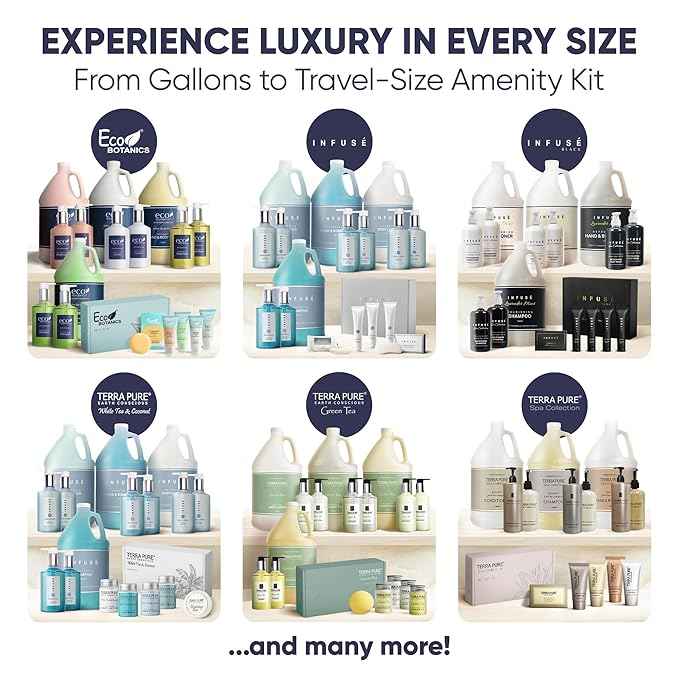 Terra Pure White Tea & Coconut Amenity & Accessory Kit |1oz Travel Size Shampoo, Conditioner, Lotion, Body Wash, 2 Cleansing Bars, Shave & Dental Sets, Make-Up Remover Wipes, & Vanity Kit | 60 Boxes