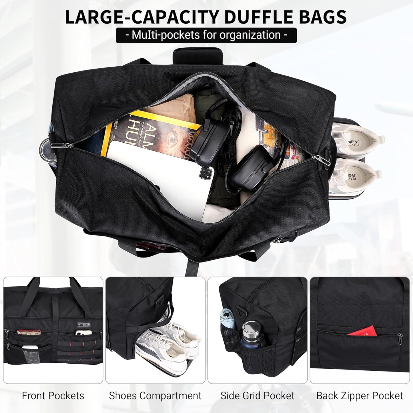WITZMAN Foldable Duffle Bag for Travel 65L Lightweight Packable Duffel Bag with Shoes Compartment Overnight Bag for Men Women (B697 Black) - Roamly