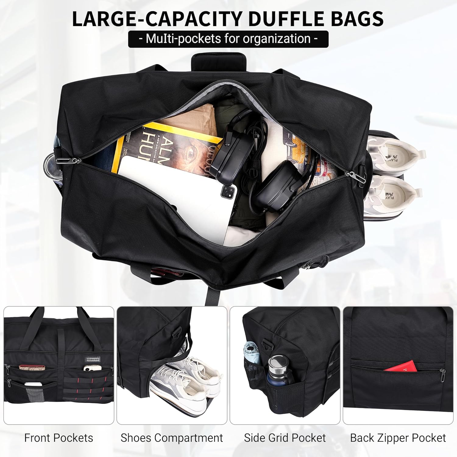 WITZMAN Foldable Duffle Bag for Travel 65L Lightweight Packable Duffel Bag with Shoes Compartment Overnight Bag for Men Women (B697 Black) - Roamly