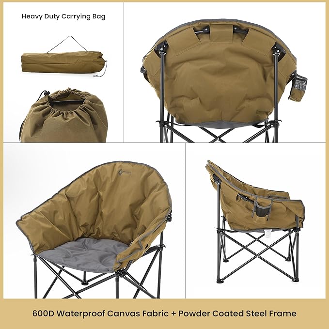 ARROWHEAD OUTDOOR Oversized Heavy-Duty Club Folding Camping Chair with Pocket, Cup Holder, Portable, Padded, Moon, Round, Saucer, Supports 330lbs, Carrying Bag
