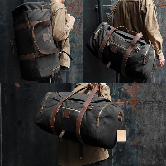 Vintage Canvas Duffle Bag, 50L Genuine Leather Travel Duffel Backpack Multifunctional Overnight Weekender Bag with Shoes Compartment Men (Black) - Roamly