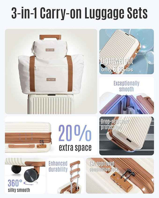 LIGHT FLIGHT 3-Piece Luggage Sets, Expandable Carry On Luggage 22x14x9 Airline Approved, Hardside Carry On Suitcases with Wheels, TSA Lock Travel Luggage Sets, Beige and Brown