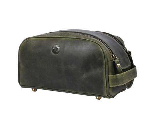 10" Premium Leather Toiletry Travel Pouch With Waterproof Lining | King-Size Handcrafted Vintage Dopp - Kit Gift for Father's Day By Aaron Leather Goods - Roamly