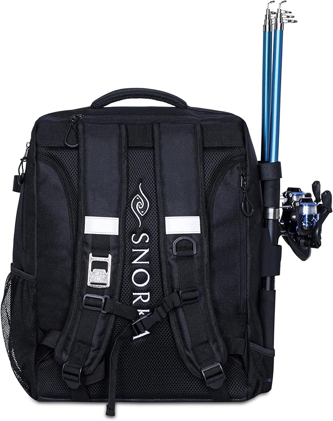 Fishing Backpack with Tackle Boxes and Rod Holders 40L; Plus Rain Cover, Padded Back Support, Insulated Front Pocket for Hot/Cold Lunch, Water Bottle Holder (Tactical Black)