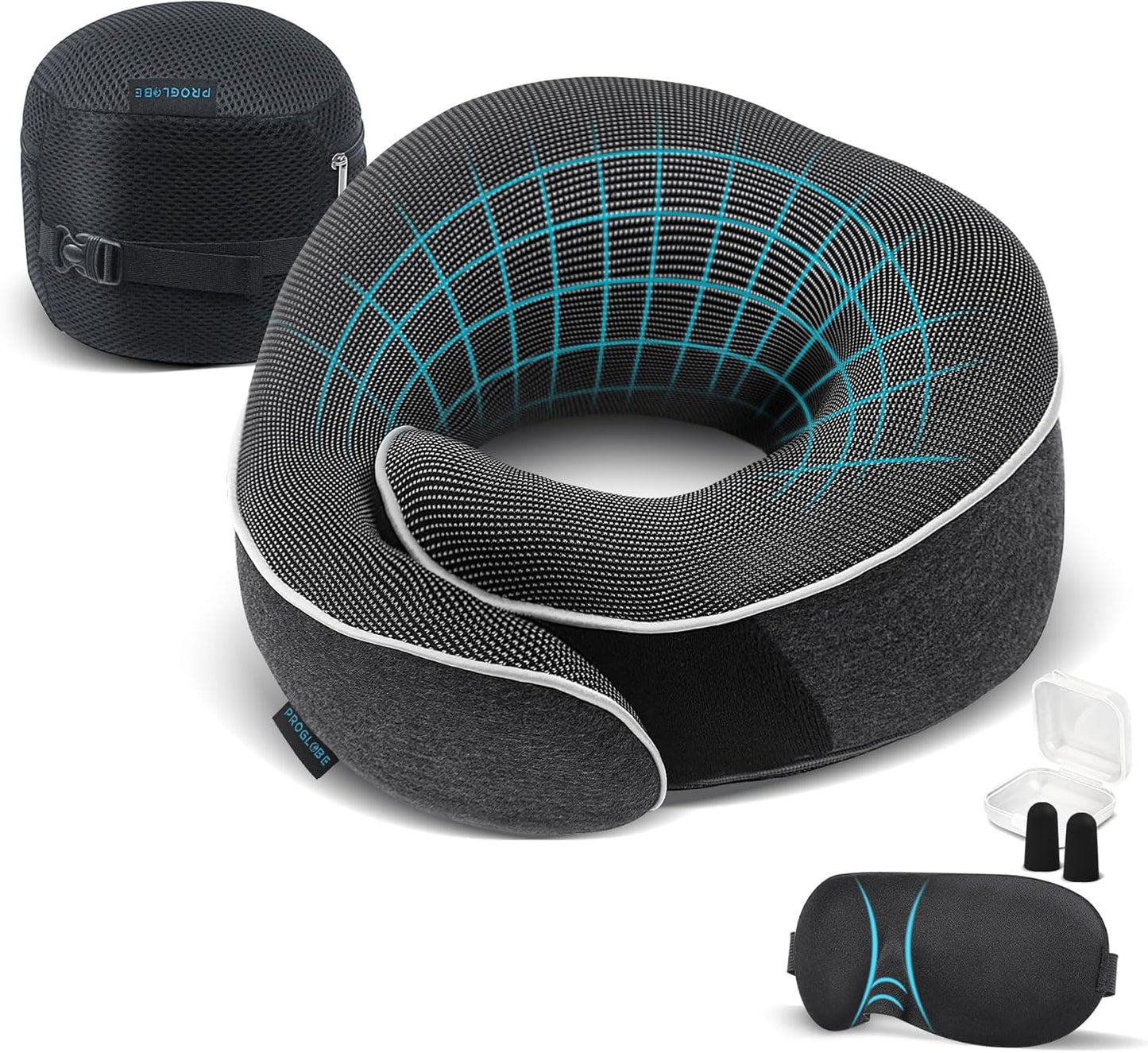 Travel Neck Pillow 100% Memory Foam – Airplane & Car Travel Essentials Kit with 3D Eye Mask, Earplugs & Mesh Bag – Sleeping Support Pillow for Adults (Dark Grey)