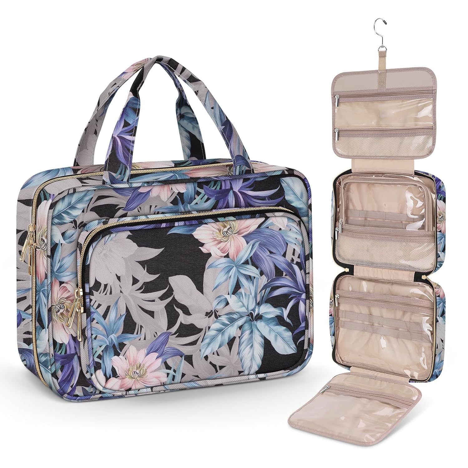 Wedama Toiletry Bag for Women, Large Cosmetic Travel Bag, Hanging Toiletry Bag for Bathroom, PVC Waterproof Makeup Bag, Toiletries Bag for Travel Business Trips and Camping, Black+Brown Floral - Roamly
