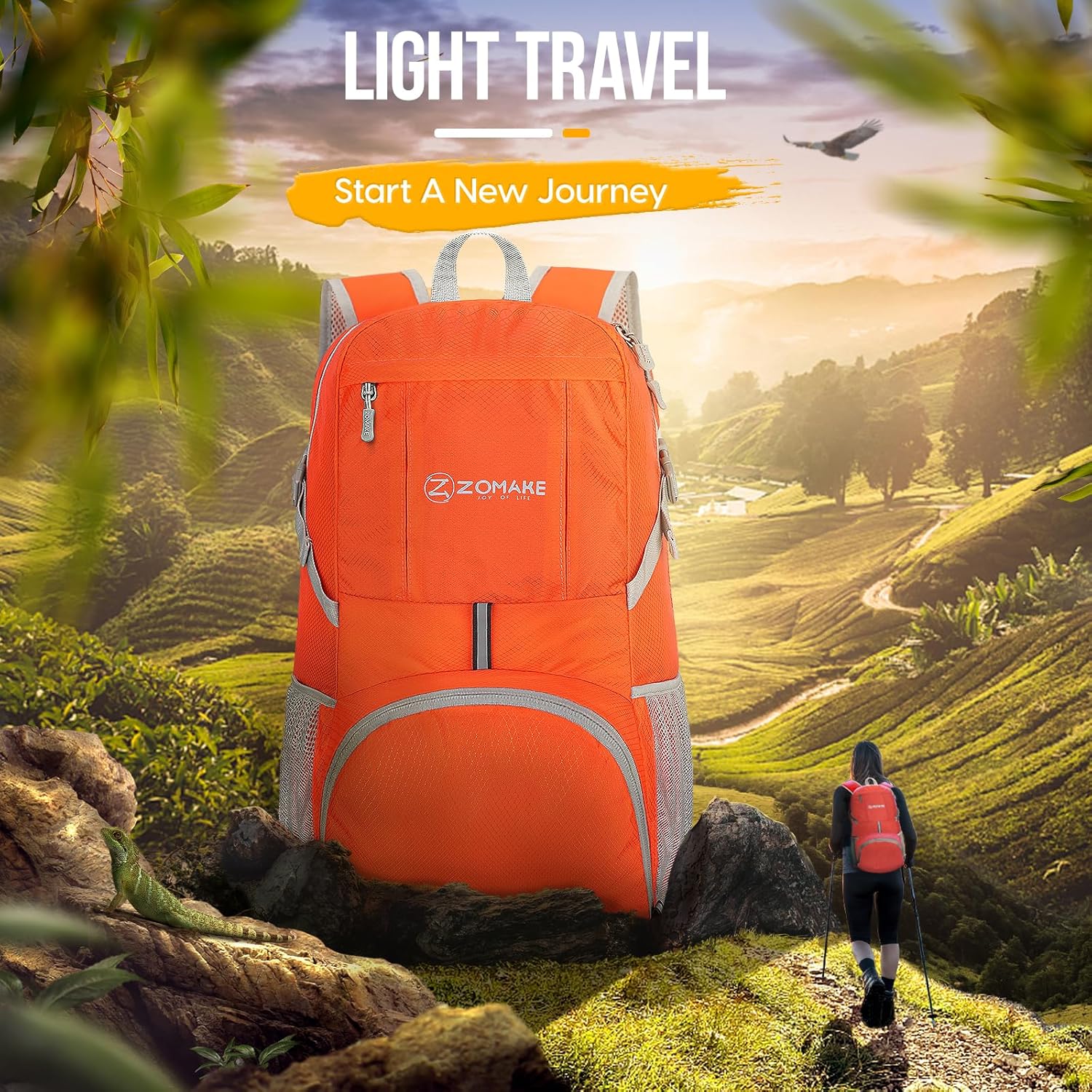 ZOMAKE Lightweight Packable Backpack 35L, Light Foldable Backpacks Water Resistant Collapsible Hiking Bag, Compact Folding Day Pack for Travel Camping(Orange) - Roamly