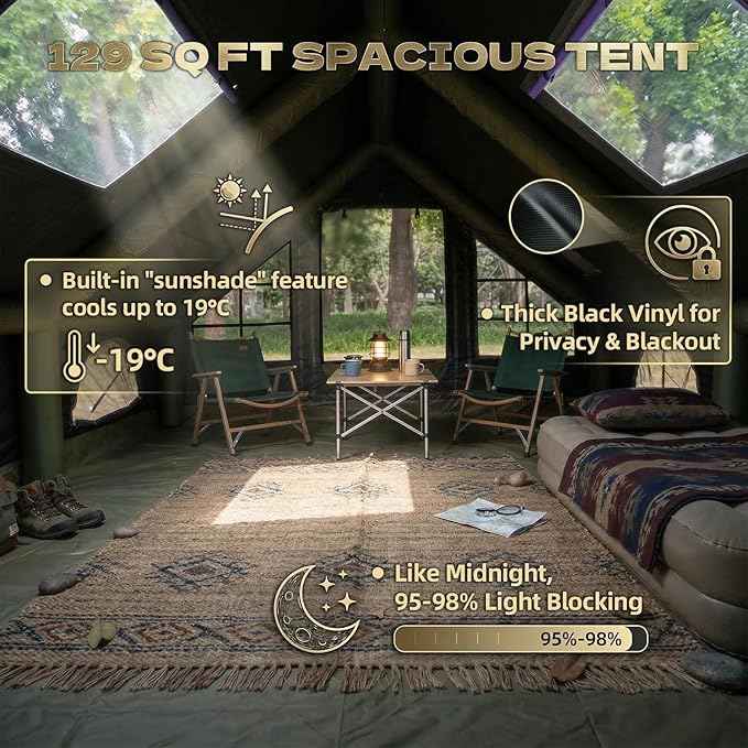 Inflatable Camping Tents 8-10 Person,129 Square Feets Large Inflatable Camping Tent with Stove Jack,Blow up Tent with Mesh Windows & Pump