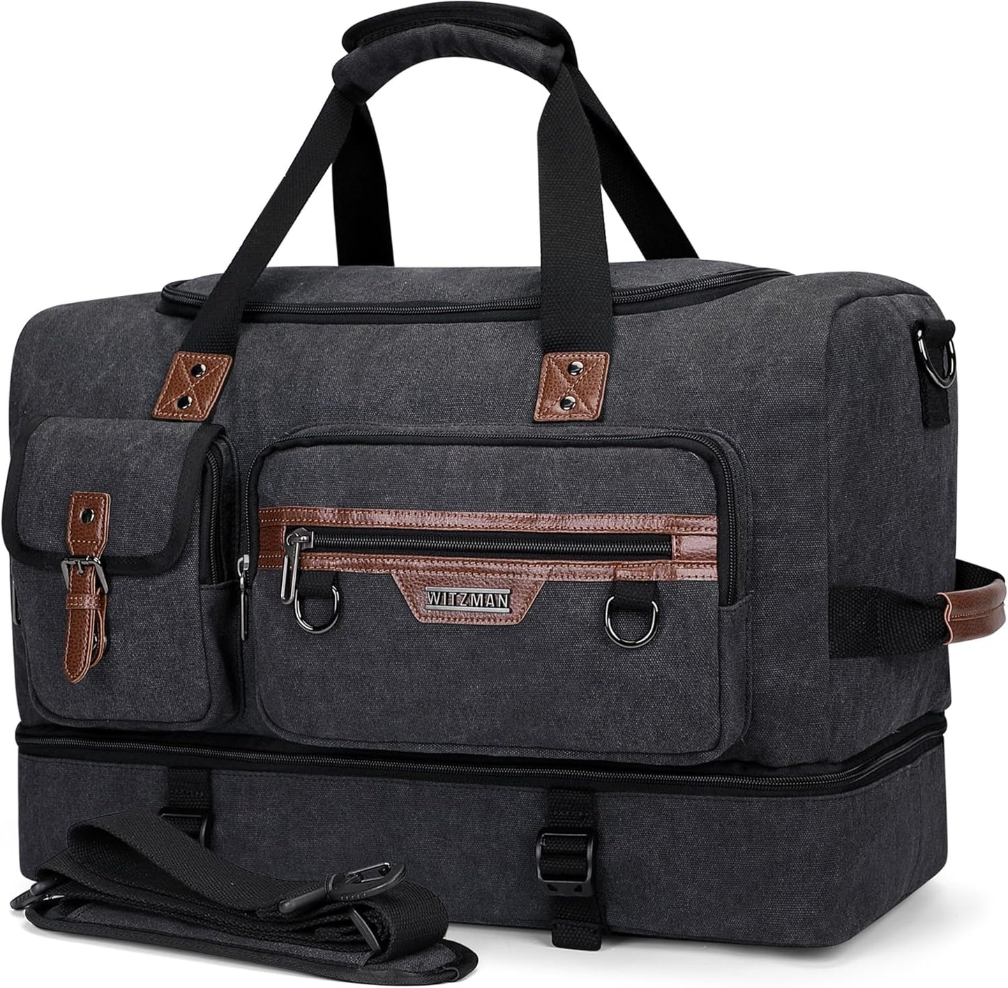 WITZMAN Canvas Weekender Bag Mens Overnight Bag for Traveling Carry on Duffle Bags with Shoes Compartment（A8010 Black） - Roamly