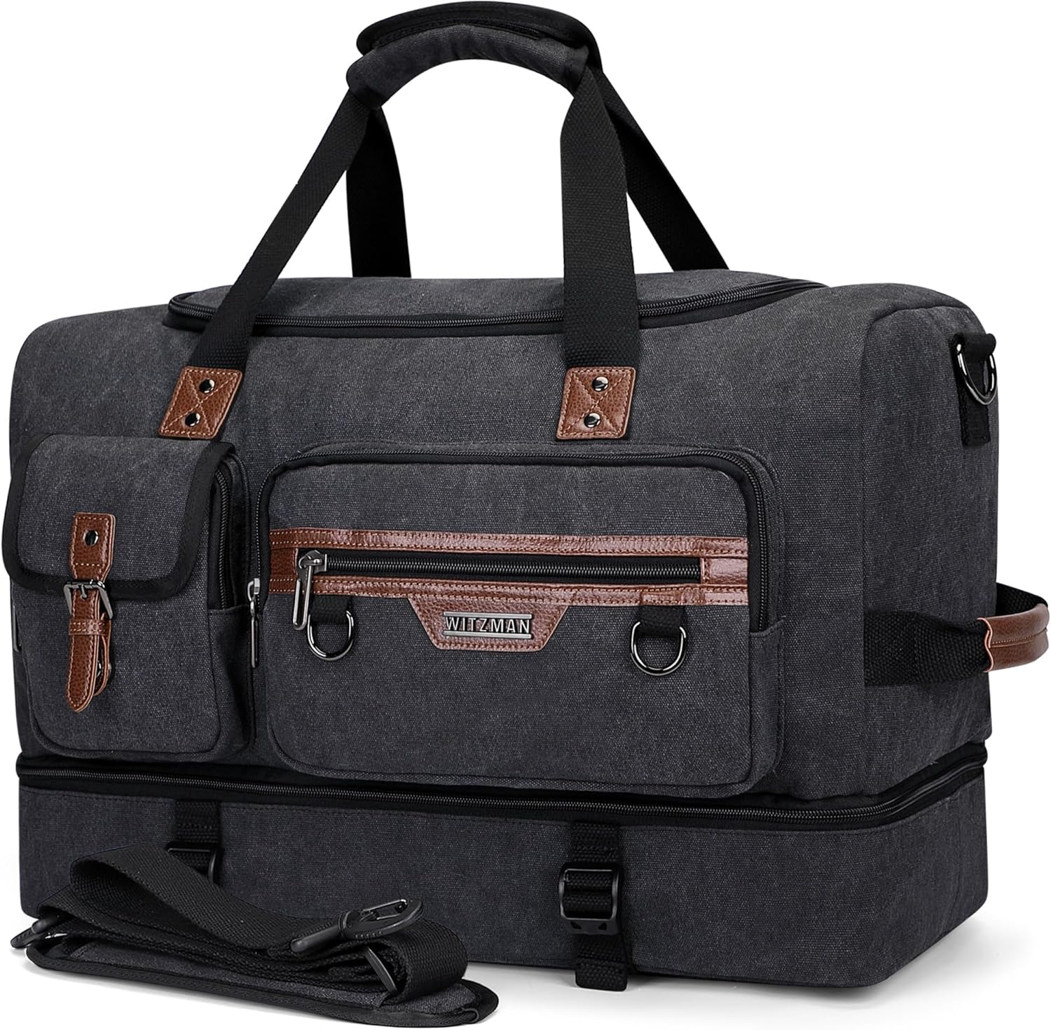 WITZMAN Canvas Weekender Bag Mens Overnight Bag for Traveling Carry on Duffle Bags with Shoes Compartment（A8010 Black） - Roamly