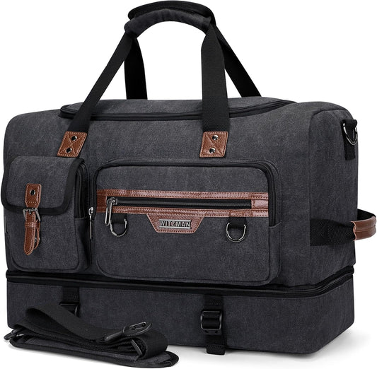 WITZMAN Canvas Weekender Bag Mens Overnight Bag for Traveling Carry on Duffle Bags with Shoes Compartment（A8010 Black） - Roamly