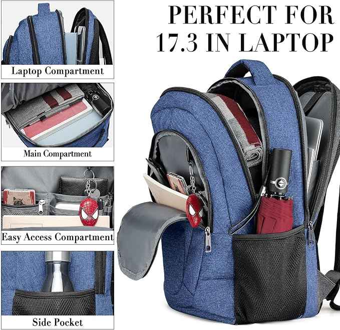 BIKROD Backpack for Women and Men, Extra Large School Backpacks for Teens, Water Resistant Back Pack Fits 17 Inch Laptop, Business Anti Theft Sturdy Computer Bag Gifts, Blue