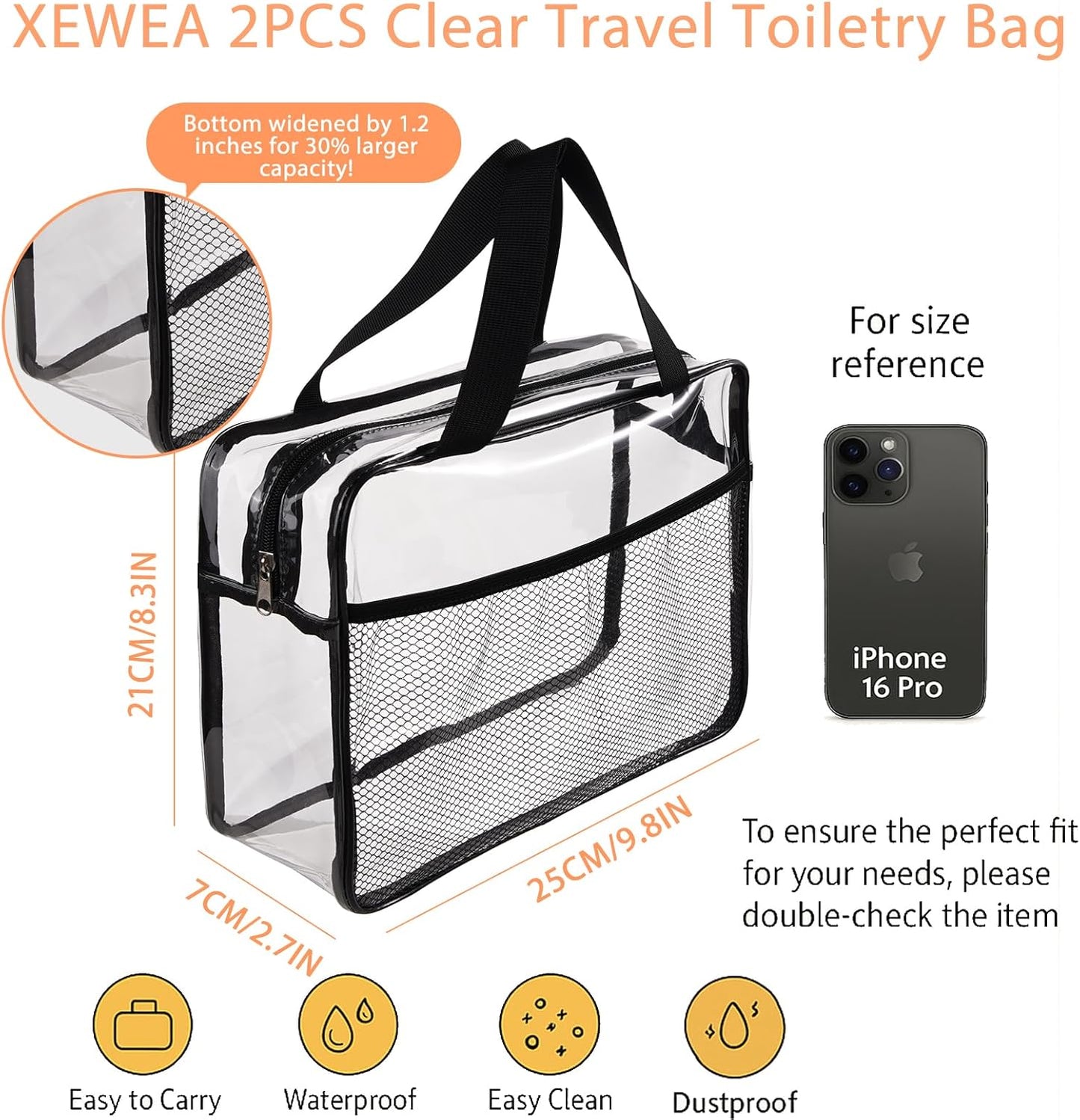 XEWEA 2PCS Middle TSA Approved Clear Travel Toiletry Bags for Men Women, Transparent Makeup Cosmetic Bag with Handle Zipper, Waterproof PVC Quart Organizer Pouch for Airport Airline Essential, Balck - Roamly