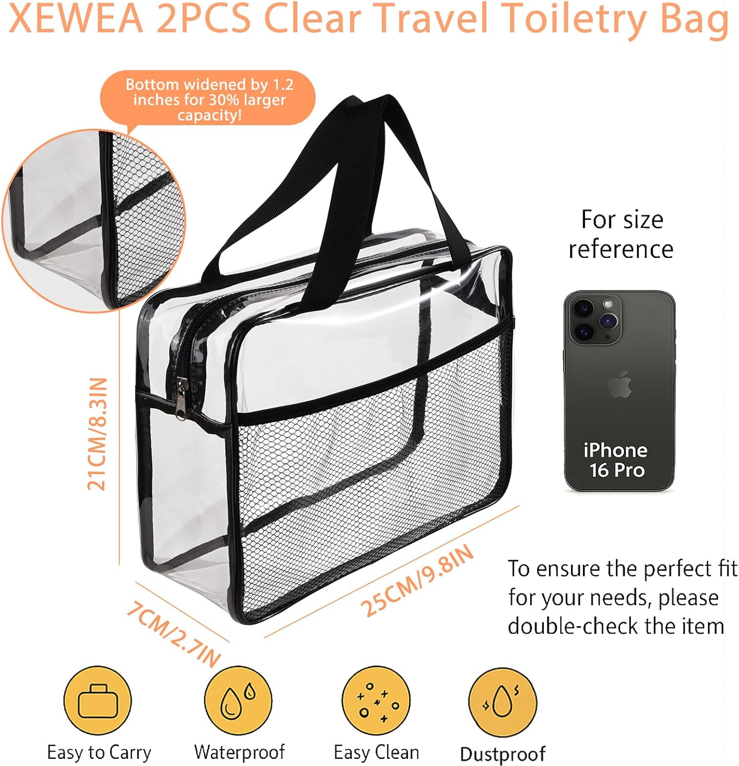 XEWEA 2PCS Middle TSA Approved Clear Travel Toiletry Bags for Men Women, Transparent Makeup Cosmetic Bag with Handle Zipper, Waterproof PVC Quart Organizer Pouch for Airport Airline Essential, Balck - Roamly