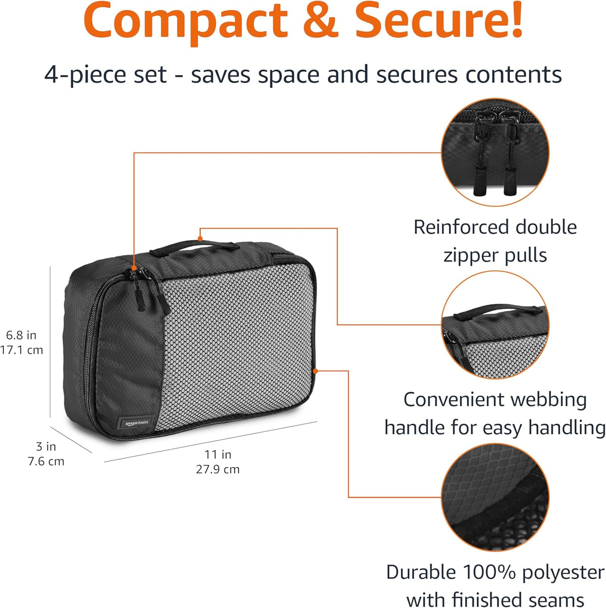 Amazon Basics Small Packing Cubes for Travel, Packing Organizers, 4-Piece-Set With Double Zipper Pulls and Mesh Top Panel, 100% Durable Polyester, Black, 11"L x 6.8"W x 3"H - Roamly