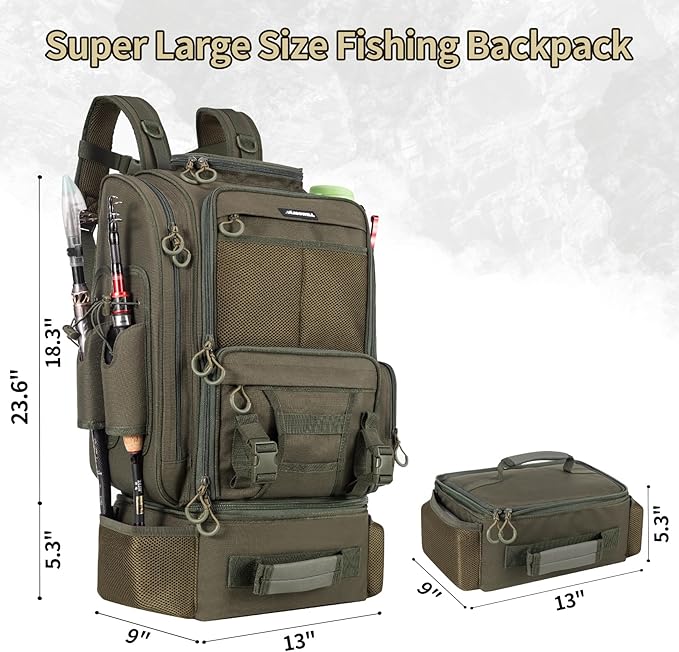 BLISSWILL Large Fishing Backpack with Cooler for 3 Tackle Boxes - Fishing Bag with Rod Holders for Camping and Hiking