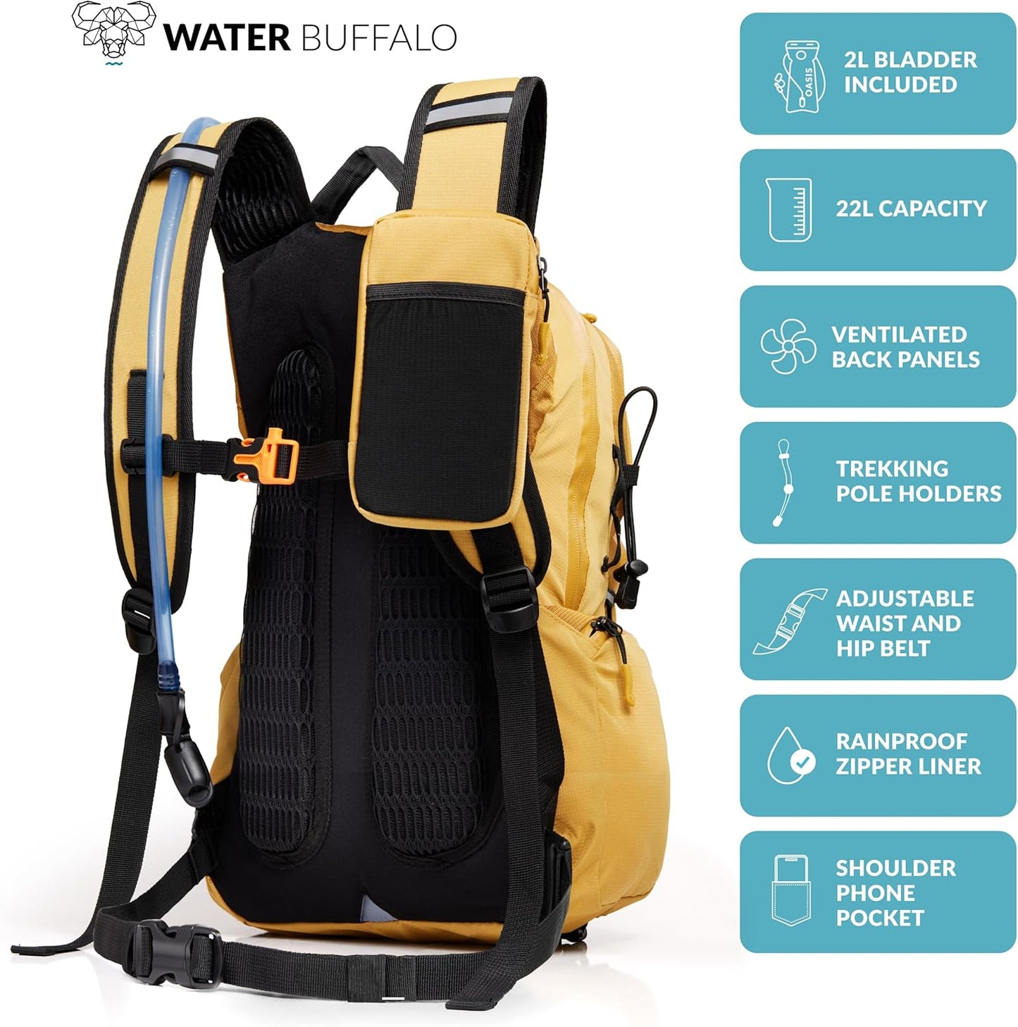 Water Buffalo Hydration Backpack - Sherpa 22L Hiking Backpack with Water Bladder - Water Backpack for Hiking with Waterproof Zippers, Phone & Pole Holders - Roamly