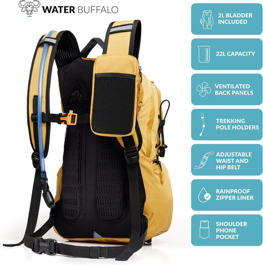 Water Buffalo Hydration Backpack - Sherpa 22L Hiking Backpack with Water Bladder - Water Backpack for Hiking with Waterproof Zippers, Phone & Pole Holders - Roamly
