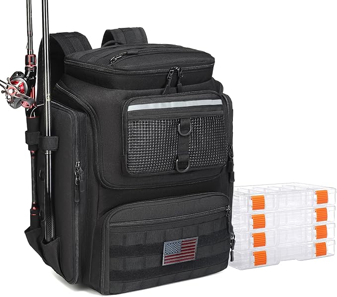HAMBOLY Fishing Backpack with Rod Holders, 40L Tackle Box Backpack for Fishing Gear, Waterproof Fishing Bag for Men