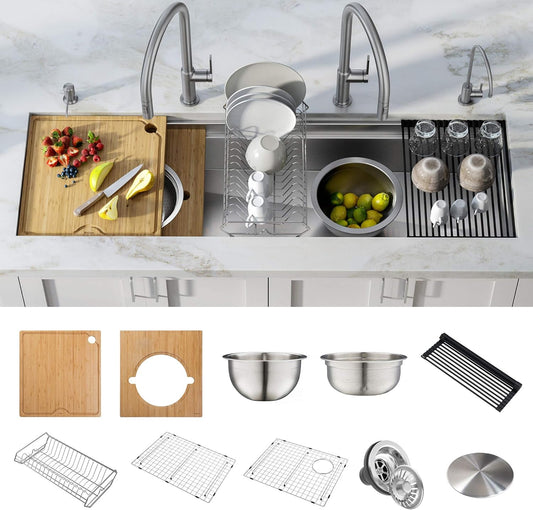 KRAUS Kore 57-inch Undermount Workstation 16 Gauge Single Bowl Stainless Steel Kitchen Sink with 10 Accessories, KWU210-57