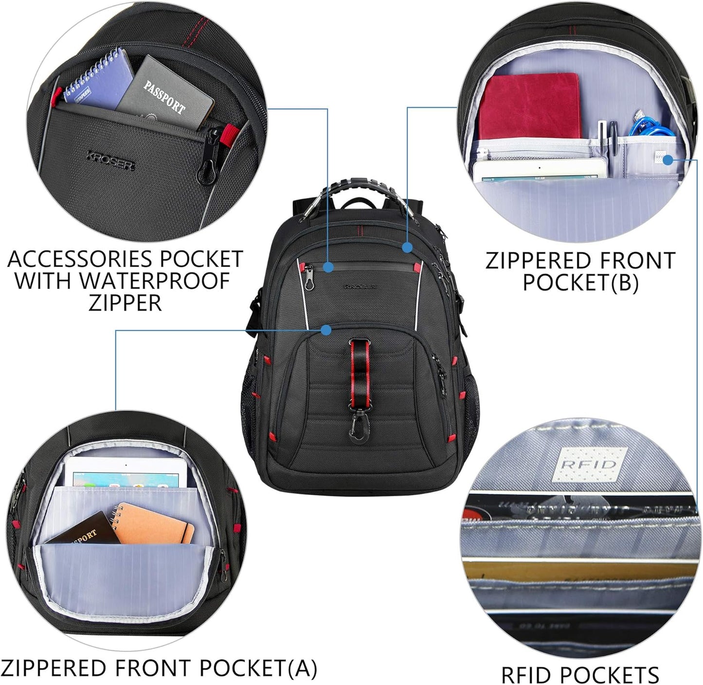 KROSER Travel Laptop Backpack 17.3 inch XL Computer Backpack Stylish College Backpack with RFID Pockets USB Charging Port REFLECTIVE STRIPS Water-Repellent Daypack for Business/Men - Roamly