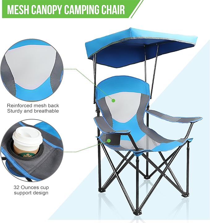 ALPHA CAMP Heavy Duty Canopy Camping Chair, 350 lbs Capacity Oversized Folding Chair with Adjustable Sunshade, Portable Sunshade Chair with Cup Holder for Beach, Fishing, Outdoor