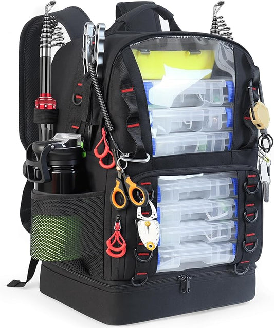 Fishing Tackle Backpack with Cooler,45L Large Tackle Bag with 2 Rod Holders & Clear Window,Outdoor Fishing Backpack for Fishing,Camping, Hiking,Black