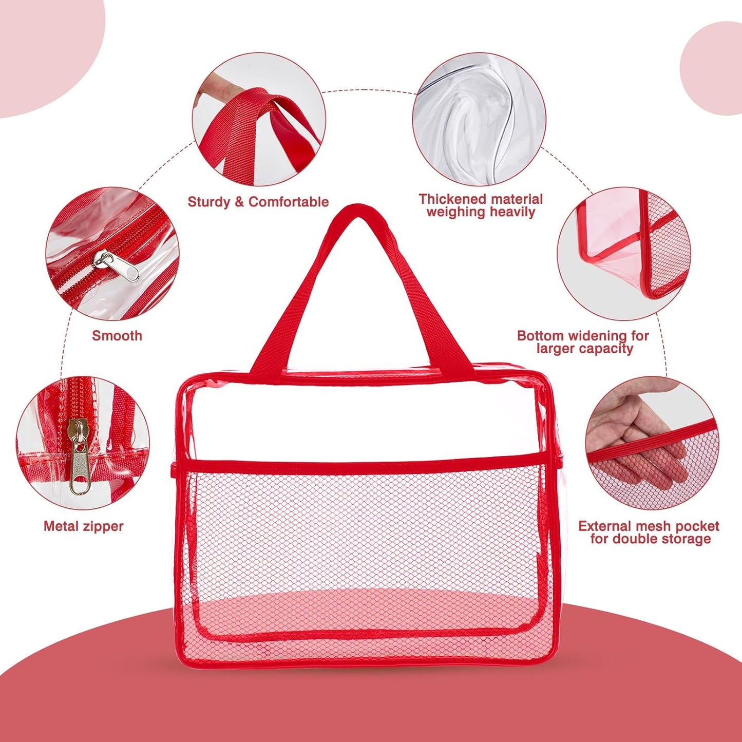 XEWEA Clear Travel Toiletry Bags, 3 Pack TSA Approved Transparent Makeup Bag for Men Women, Large Waterproof PVC Quart Organizer Kit with Zipper for Toiletries Airline Essential,Toy Storage Pouch Red - Roamly
