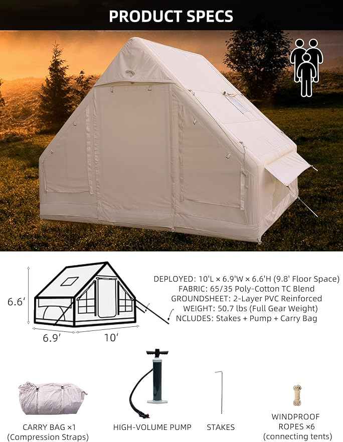 Cotton Inflatable Camping Tent, 2-4 Person, Windproof Glamping Design with Skylight, Instant Setup (2~4person(10.2'L X 8'W X 7'H)-Green)