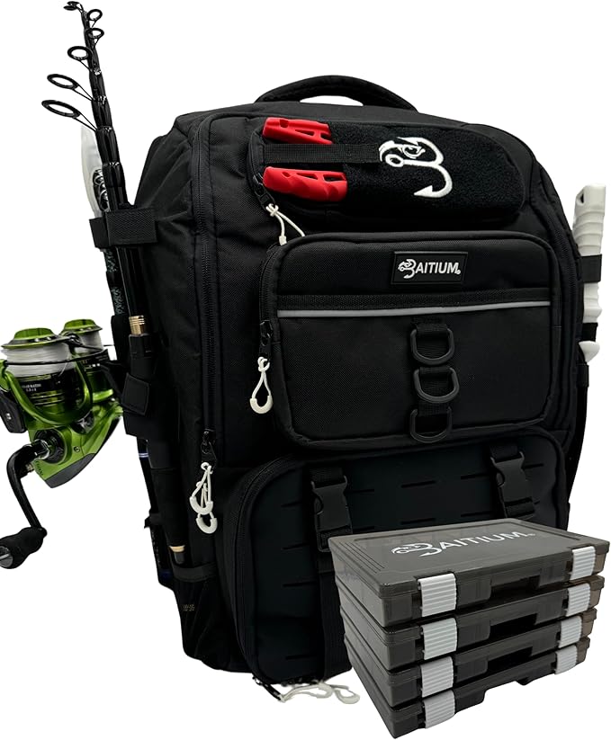 Baitium Fishing Backpack, Tackle Bag With Rod Holders, 40L Capacity With Cooler, Rain Cover, Insulated Pocket, 4 Tackle Trays Included (Jet Black)