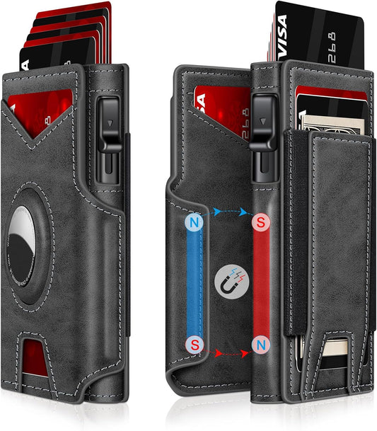 Airtag Wallet for Men, Minimalist Slim Mens Wallet Smart Pop Up Credit Card Holder for 9-13 Cards, RFID Blocking Wallet with ID Window & Cash Slot, Compact Bifold Metal Aluminum Card Case