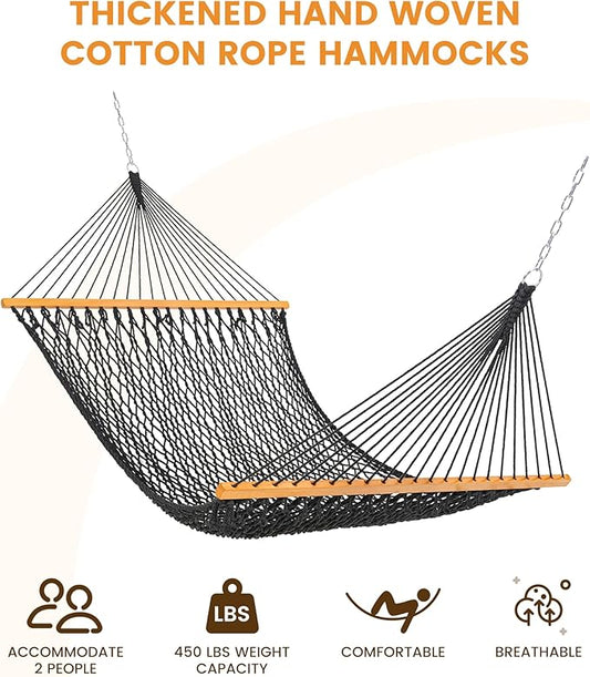 Lazy Daze Hammocks Double Rope Hammock, 2 Person Traditional Outdoor Hand Woven Cotton Rope Hammock with Spreader Bar, Carabiners, Tree Straps, Chains for Patio Yard - Max 450 Lbs, Dark Grey