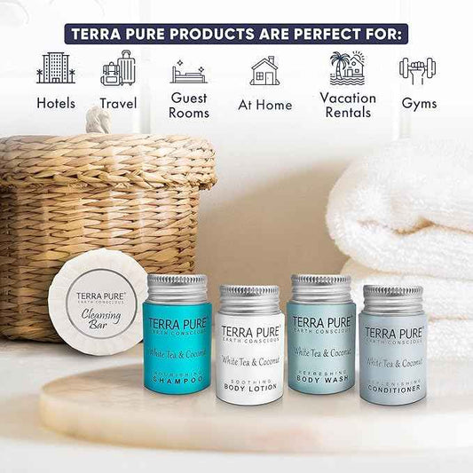 Terra Pure White Tea & Coconut Toiletries Set | 1-Shoppe Amenities Kit | 1oz Shampoo & Conditioner, Body Wash, Lotion, 1.25oz Bar Soap | Travel Size | 300 Pieces