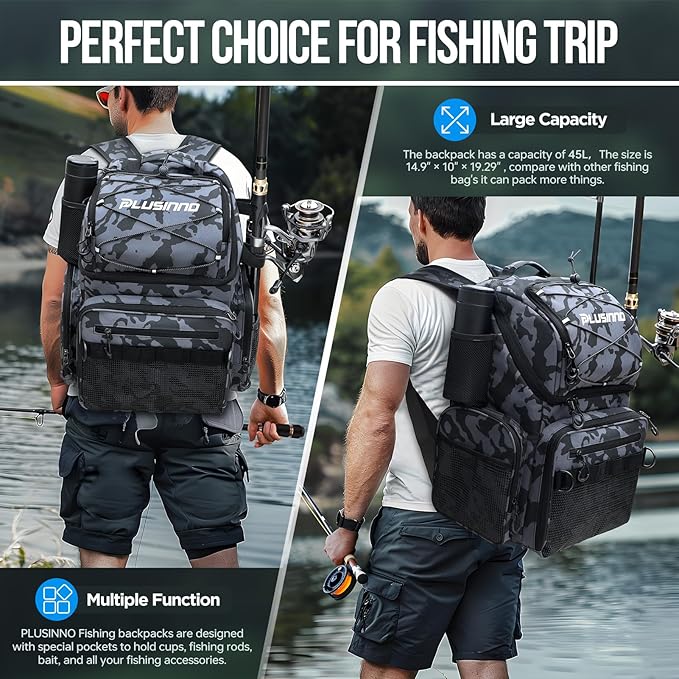 PLUSINNO Cooler Fishing Backpack with Rod Holders 45L Large Water-resistant Fishing Tackle bag Store Fishing Gear Fishing Gifts for Men Father, Sport Bags