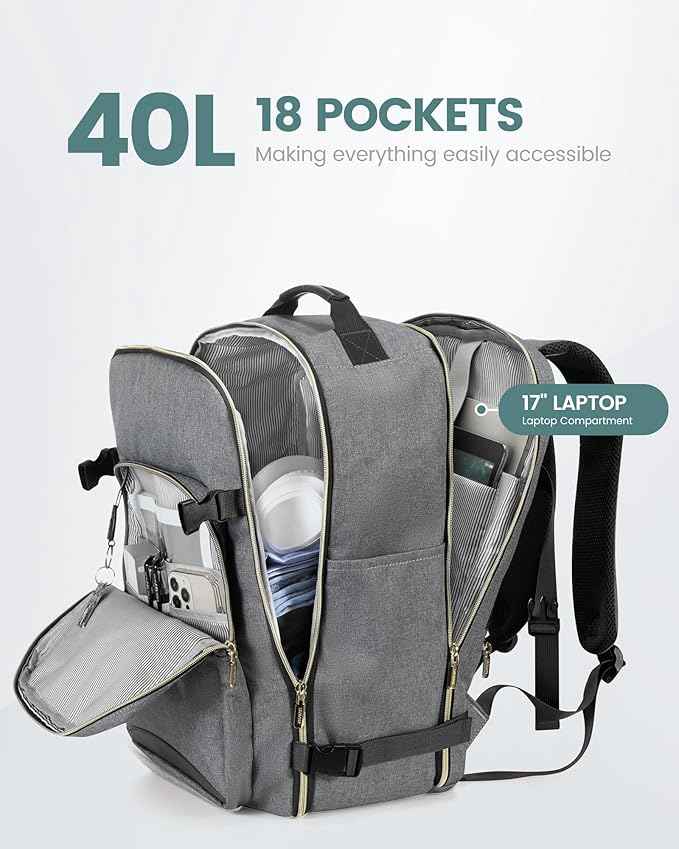 LOVEVOOK Travel Backpack for Women & Men 40L,Airline Approved Carry On Backpack Travel Essentials,TSA Carry on Luggage,Waterproof Personal Item Travel Bag,Suitcase with 3 Packing Cubes,Gray-Black
