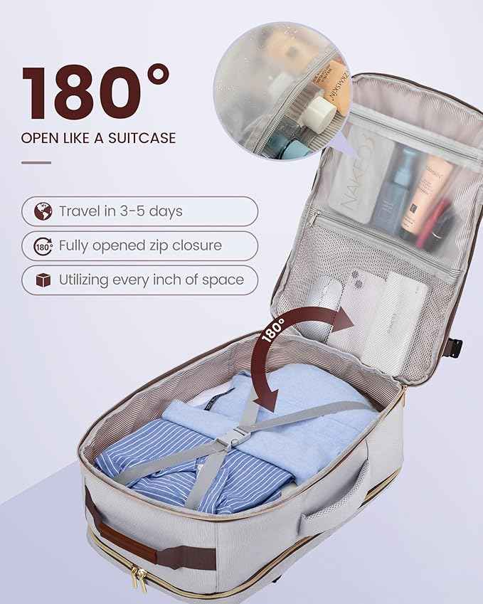 LOVEVOOK Travel Backpack for Women & Men 40L,Airline Approved Carry On Backpack Travel Essential,TSA Carry on Luggage,Personal Item Travel Bag,Suitcase with 3 Packing Cube,Light grey-Dark coffee color