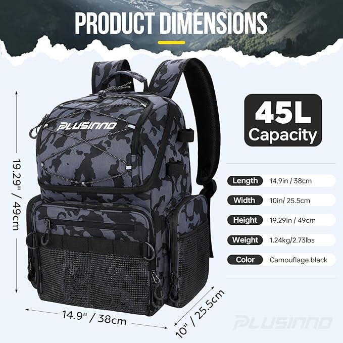 PLUSINNO Cooler Fishing Backpack with Rod Holders 45L Large Water-resistant Fishing Tackle bag Store Fishing Gear Fishing Gifts for Men Father, Sport Bags