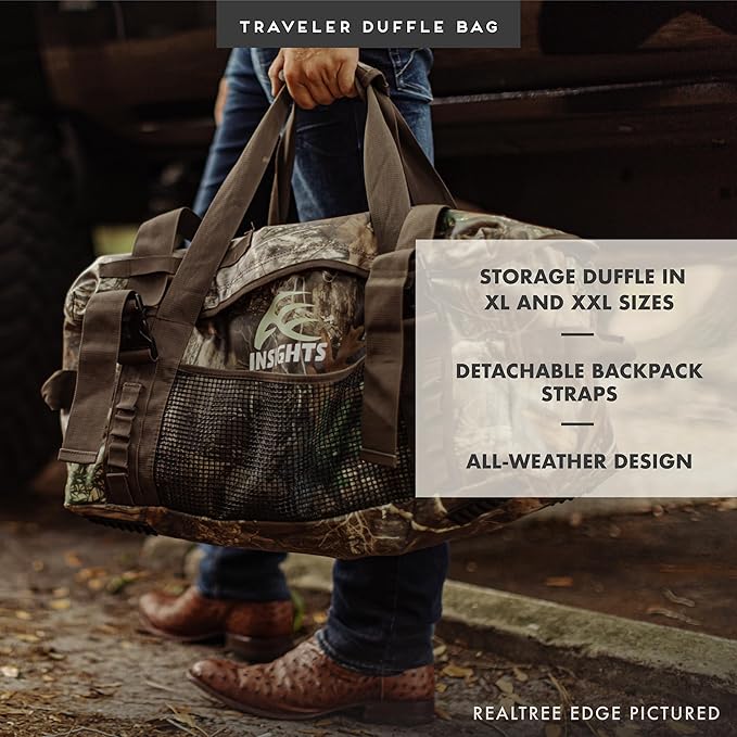 Insights Hunting by frogg toggs– The Traveler Gear Bag, All Around Hunting Weatherproof Storage Duffle, XL 3000 Cubic Inches of Storage, Mossy Oak Bottomland