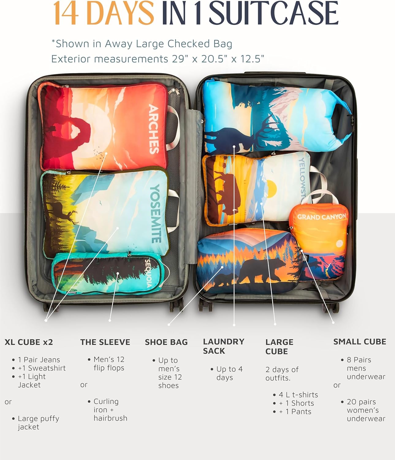Large Compression Packing Cubes for Travel-Packing Cube Luggage Organizers 7 Piece Set for Checked Luggage-Ultralight, Expandable/Compression Bags by TRIPPED Travel Gear (National Parks) - Roamly