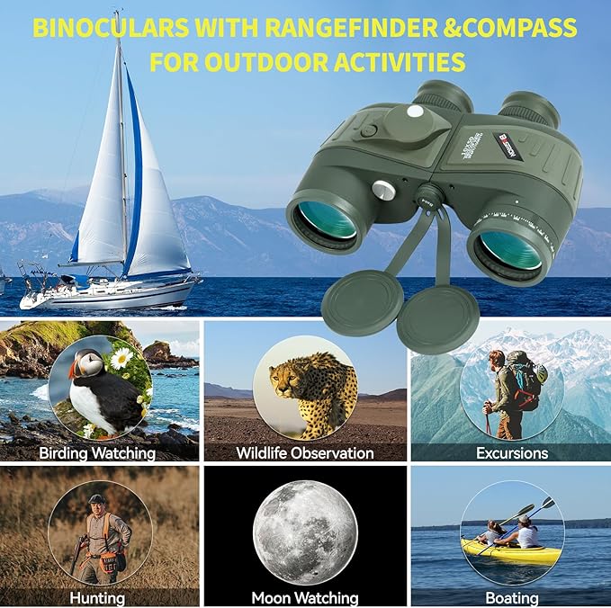 10X50 Waterproof Fogproof Military Marine Binoculars w/Internal Rangefinder & Compass, Marine Binoculars for Adults with BAK4 Prism FMC Lens for Navigation Bird Watching Hunting