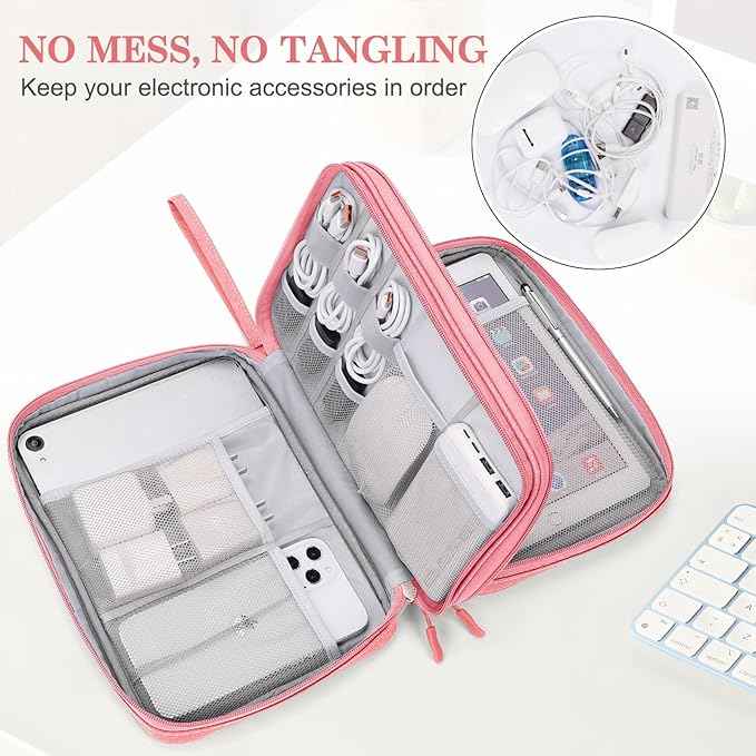 FYY Electronic Organizer, Extra Large Travel Cable Organizer Bag Pouch Portable Waterproof Double Layers All-in-One Storage Bag for iPad, Cable, Power Bank, Laptop Charger for Office/Home, Pink