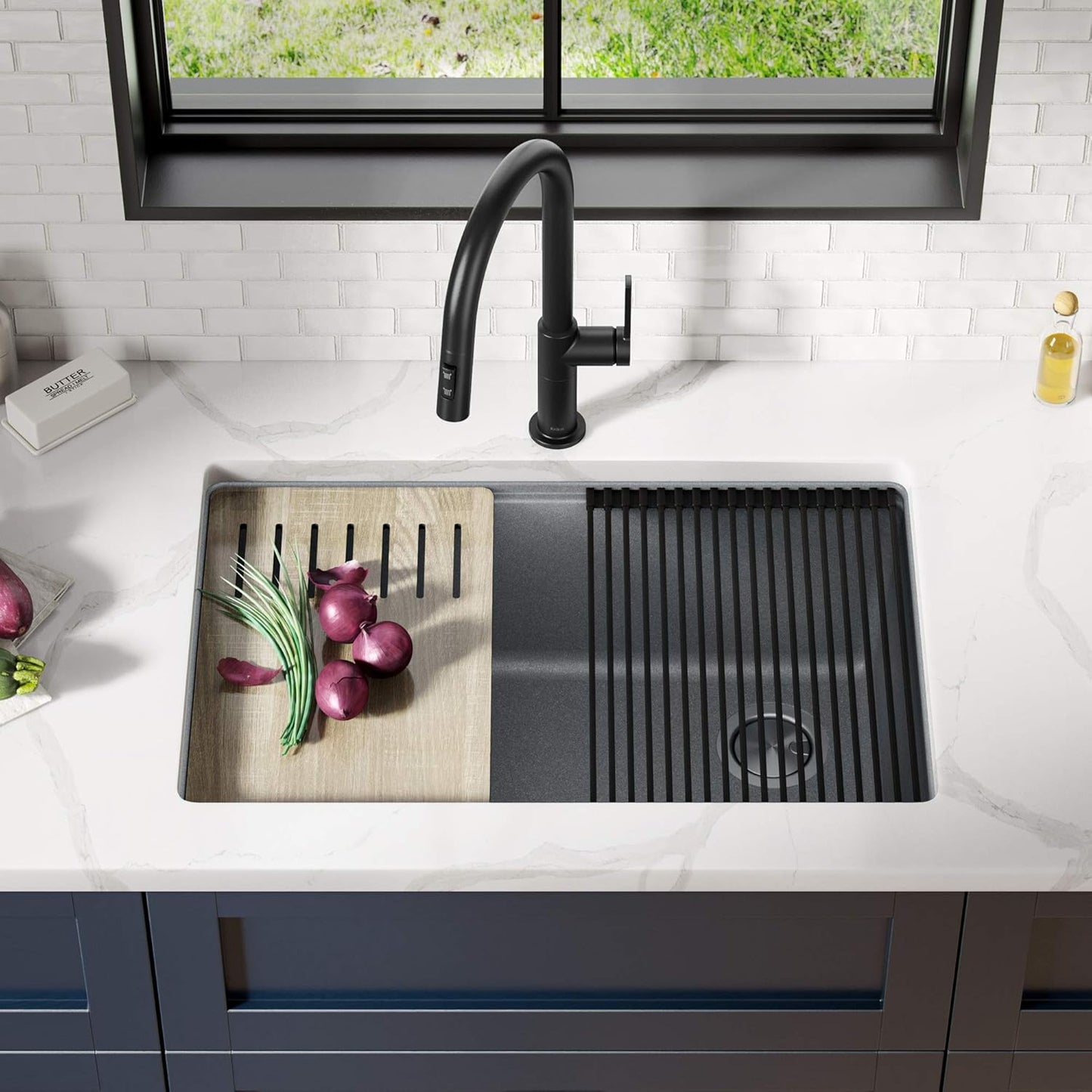 KRAUS Kitchen Sink Bellucci 29” Undermount Workstation Granite, Metallic Gray, Accessories, KGUW2-30MGR