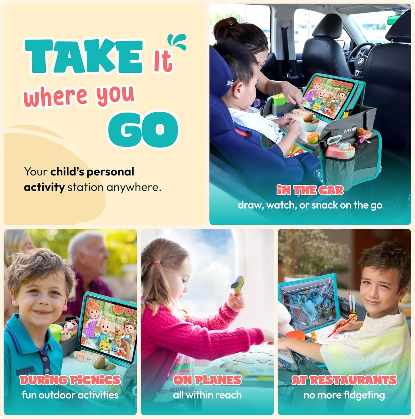 Kids Travel Tray with Dry Erase Board - Car Seat Tray for Kids Travel, Carseat Table Top for Toddler, Lap Desk for Car Seat, Activity Organizer & Snack Holder, Road Trip Essentials for Kid (Aqua)