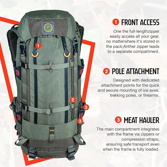 Hunting Pack for Men – Expandable Frame Backpack 40L, Water Resistant, with Meat Hauler, Rifle Holder & Shotgun Rest