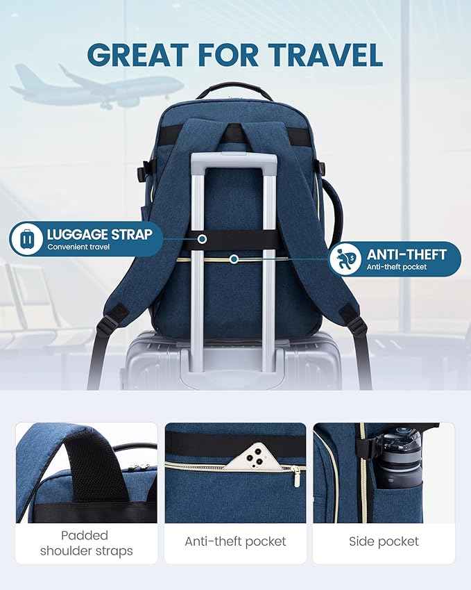 LOVEVOOK Travel Backpack for Women & Men 40L,Airline Approved Carry On Backpack Travel Essentials,TSA Carry on Luggage,Waterproof Personal Item Travel Bag,Suitcase with 3 Packing Cubes,Dark blue-Black