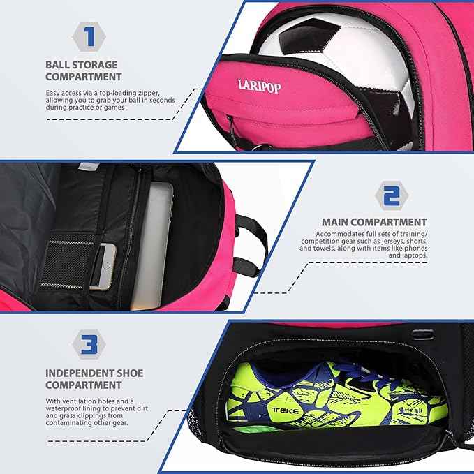 LARIPOP Soccer Backpack Soccer Bag with Ball Holder & Shoe Compartment Youth Sports Equipment Training Bag