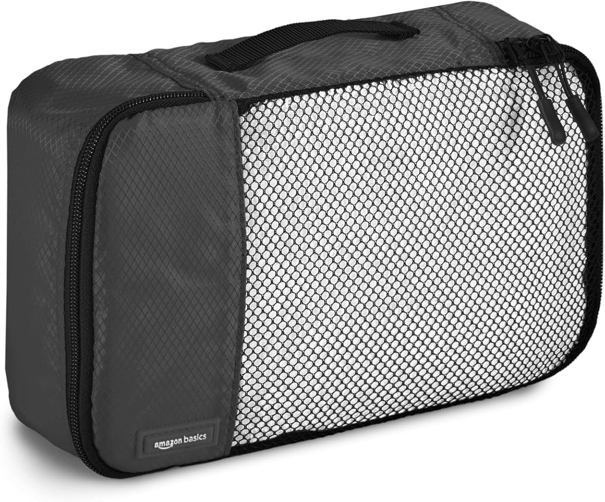 Amazon Basics Lightweight Packing Cubes Travel Organizer Set with Double Zipper, Mesh Top, Small, Medium, Large, Slim, Black, 4 Piece - Roamly