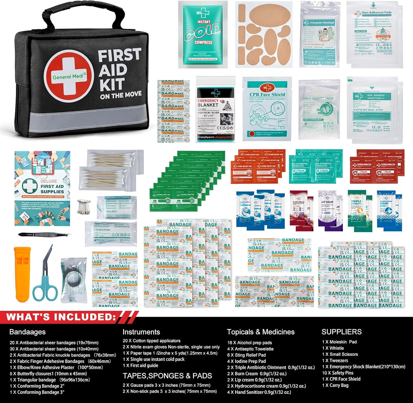 General Medi First Aid Kit - 150 Pieces Small Compact First Aid Kit Bag - Includes Instant Cold Pack, Emergency Blanket for Travel, Home, Office, Vehicle, Camping