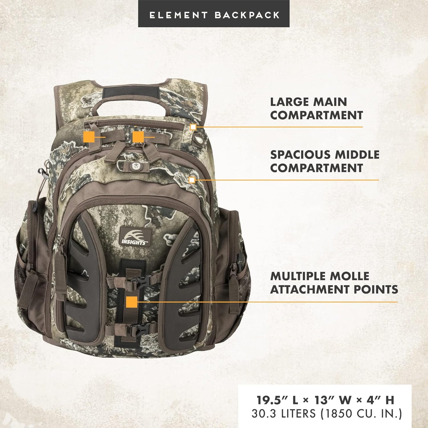 Insights Hunting by frogg toggs - The Element, Heavy Duty 1,831 Cubic Inch Hiking Fishing Camping Hunting Backpack, Realtree EXCAPE - Roamly