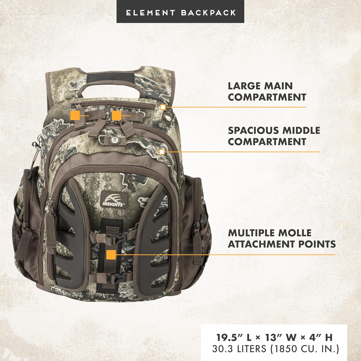 Insights Hunting by frogg toggs - The Element, Heavy Duty 1,831 Cubic Inch Hiking Fishing Camping Hunting Backpack, Realtree EXCAPE - Roamly